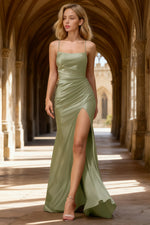 Luna Sage Green Satin Sheath Spaghetti Strap Prom Dress | Sexy Scoop Neck Pleated Open Back Slit Gown - US0 - PromDressClub