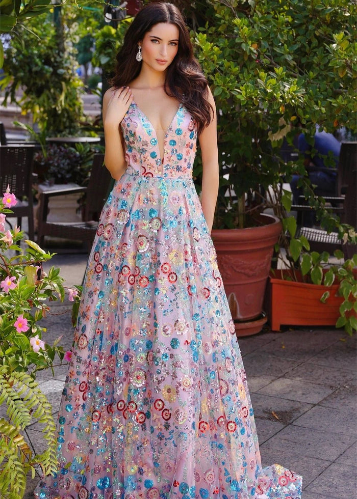 Madeline | Charming Flower A Line Backless Pink Prom Dress - Pink Floral - PromDressClub