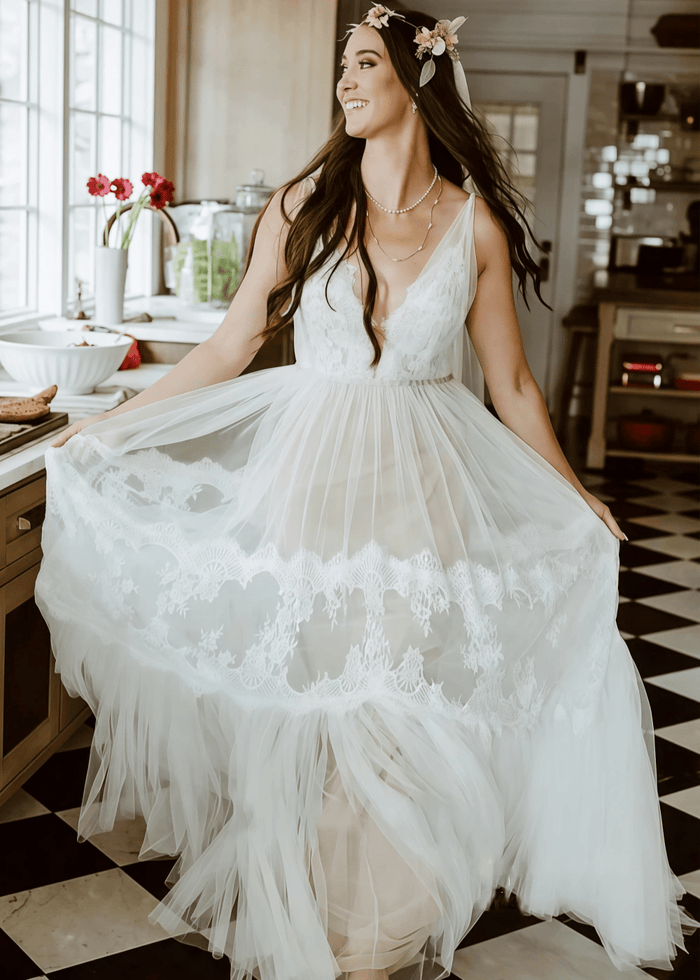 Mag | Bohemian A Line Backless Lace Tulle Wedding Dress - Perfect for Outdoor Weddings - White - PromDressClub