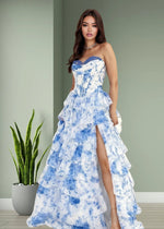 Mag | Light Blue Floral Corset Strapless Chiffon Ruffle Formal Dress with Slit - Light Blue Floral - PromDressClub