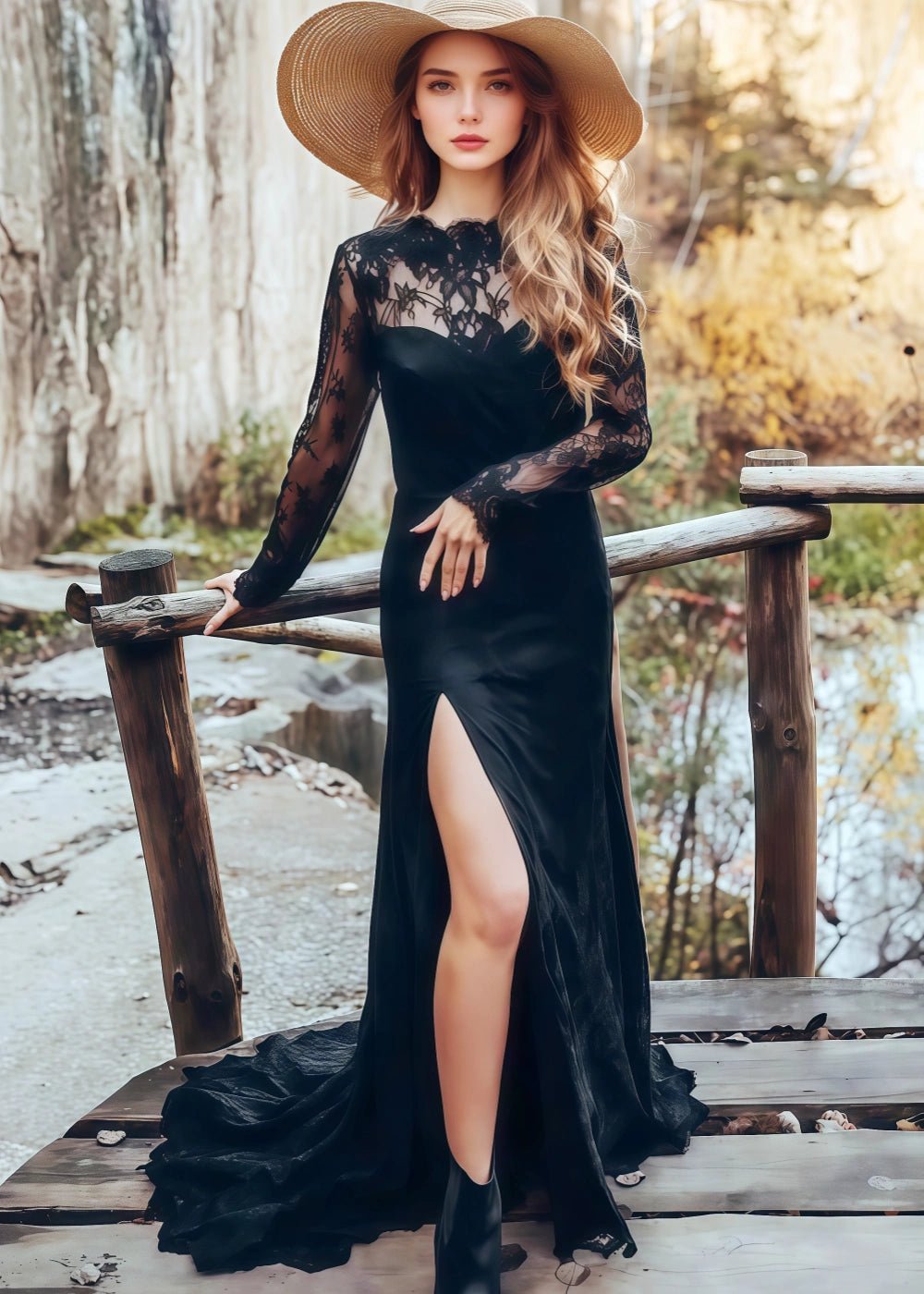 Maggie | Modest Black Tie Long Sleeve High Neck Backless Wedding Dress with Slit | PromDressClub Maggie | Modest Black Tie Long Sleeve High Neck Backless Wedding Dress with Slit | PromDressClub