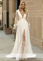 Martina |Long Fall Wedding Dresses Near Me With Sleeve Boho Flowy Lace A - Line V - Neck Beach Gown Split Front and Sweep Train - Price #price_variant_lowest# - White - PromDressClub
