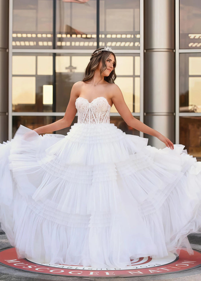 Mary | A Line Lace Appliques Tiered White Maxi Formal Dress Stores Near Me - Price #price_variant_lowest# - White - PromDressClub