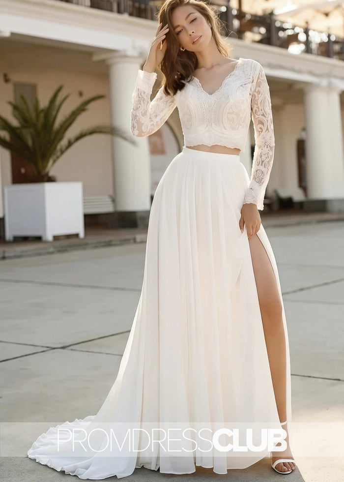 Maureen |Fall Long Wedding Dresses Near Me With Two Piece V - neck Sweep Train Lace Long Sleeves - Price #price_variant_lowest# - White - PromDressClub