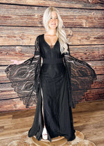 Maureen | Gothic Black V Neck Corset Backless Bell Sleeve Lace Wedding Dress - Black - PromDressClub