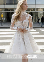 Mavis |Short White Wedding Dresses Near Me With A - Line Illusion Neck Long Sleeves Lace - Price #price_variant_lowest# - White - PromDressClub