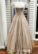 May | A Line Polk Dots Black Tulle Long Prom Dress Near Me - Price #price_variant_lowest# - Champagne - PromDressClub