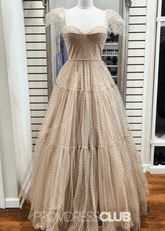 May | A Line Polk Dots Black Tulle Long Prom Dress Near Me - Price #price_variant_lowest# - Champagne - PromDressClub