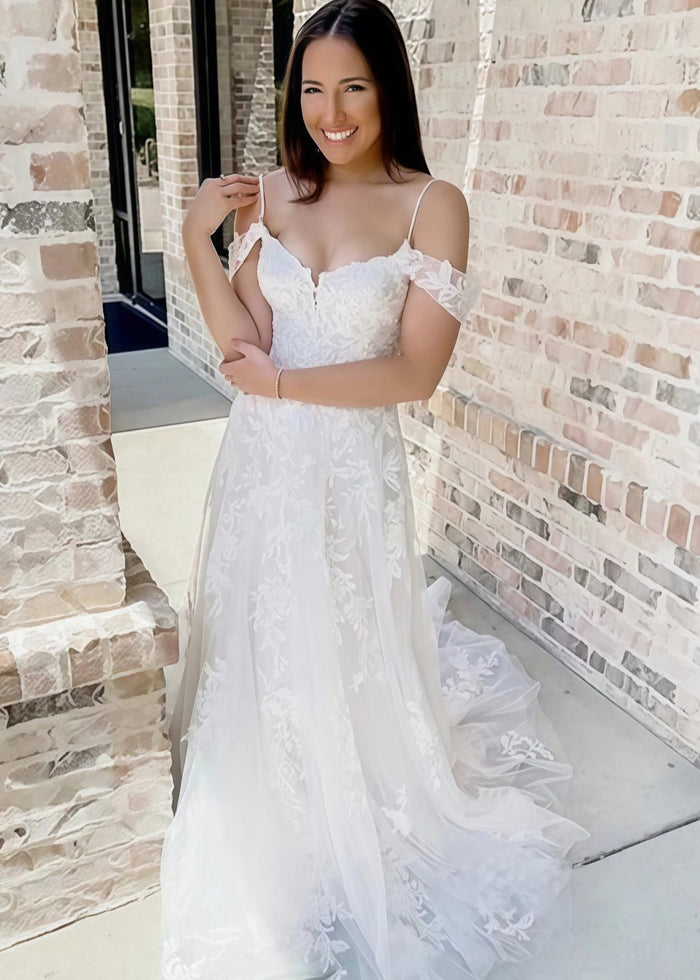 Michaelia | Stunning A Line Cold Shoulder Lace Wedding Dress with Lace Appliques - White - PromDressClub