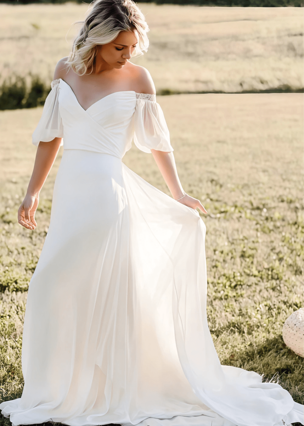 Michelle | Off the Shoulder Puff Sleeve Chiffon Bridal Gown for Outdoor Weddings - Ivory - PromDressClub