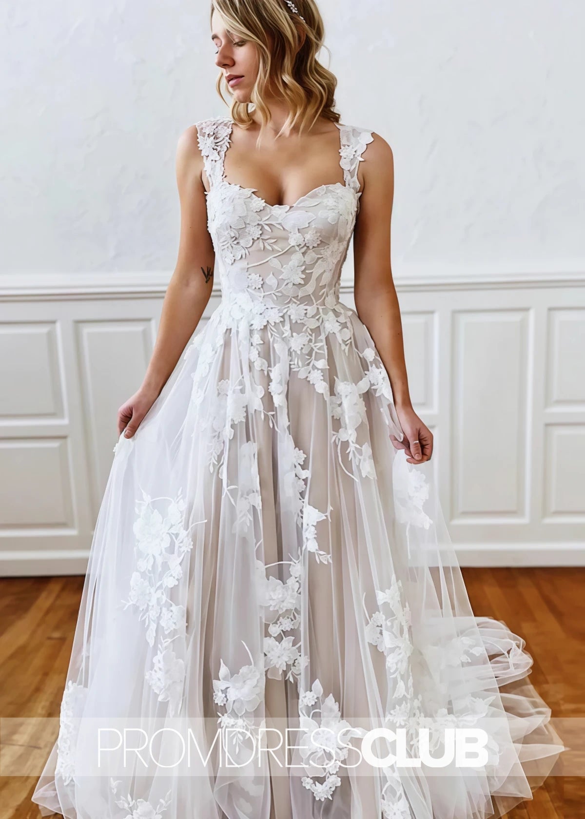 Michelle |White Long Wedding Dresses Near Me With A - Line Straps Sweetheart Lace Appliques - Price #price_variant_lowest# - White - PromDressClub