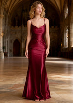 Mila Burgundy Satin Backless Prom Dress | Mermaid Spaghetti Straps V - Neck Ruched Dress - US0 - PromDressClub