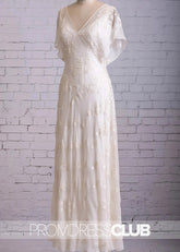 Mildred |Long White Wedding Dresses Near Me With Vintage Graceful Floral V - neck V - back Side Button Decorated Lace Butterfly Sleeves - Price #price_variant_lowest# - White - PromDressClub