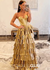 Mona | A Line Metallic Ruffle Tiered Ink Blue Long Prom Dress - Price #price_variant_lowest# - Gold - PromDressClub