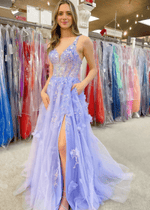 Muriel | A Line Lace Appliques Lavender Floral Long Prom Dress - Price #price_variant_lowest# - Lavender Floral - PromDressClub