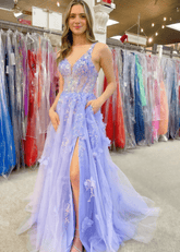 Muriel | A Line Lace Appliques Lavender Floral Long Prom Dress - Price #price_variant_lowest# - Lavender Floral - PromDressClub