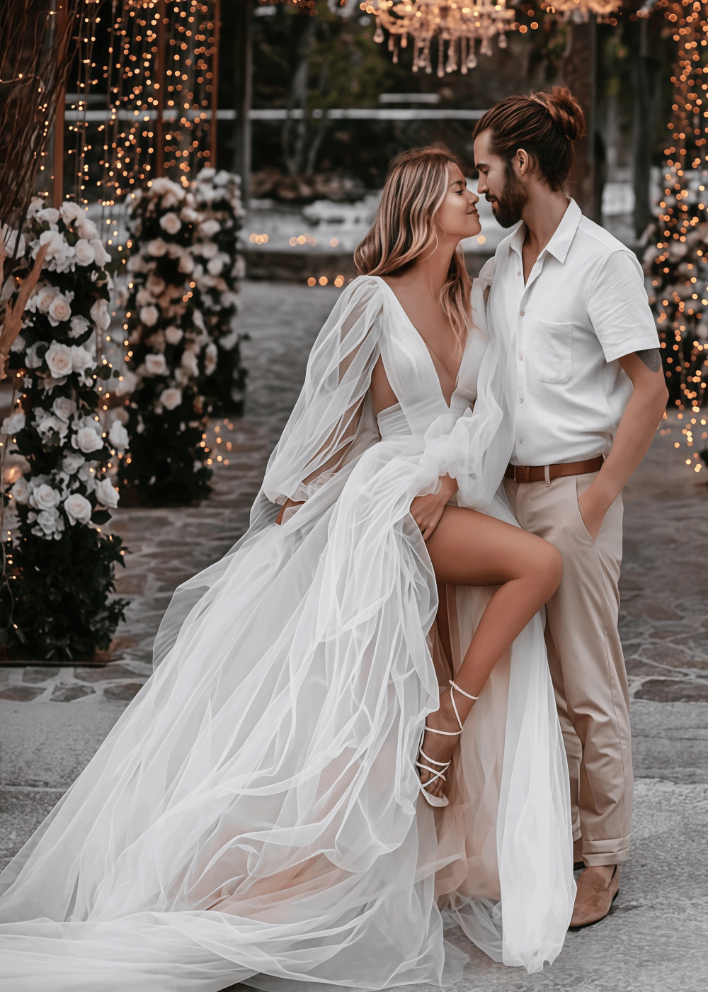 Nancy | Ethereal Deep V - neck Long Sheer Sleeve Wedding Dress Long Train with High Slit - White - PromDressClub
