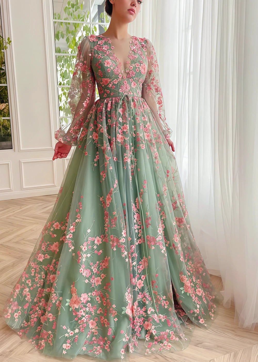 Naomi | Stunning Sage Green Long Sleeve Flower Corset Prom Dress - Sage Floral - PromDressClub