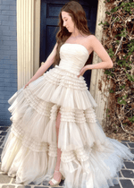 Nelly |A Line Tiered Tulle Champagne Maxi Prom Dress - Price #price_variant_lowest# - Champagne - PromDressClub