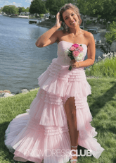 Nelly |A Line Tiered Tulle Champagne Maxi Prom Dress - Price #price_variant_lowest# - Light Pink - PromDressClub