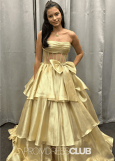 Nina | A - Line Strapless Tiered Tulle Hot Pink Long Prom Dress - Price #price_variant_lowest# - Gold - PromDressClub