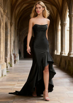 Nora Black Strapless Corset Prom Dress | Mermaid Cowl Neck Floor Length Dress with Ruffled Slits - US0 - PromDressClub