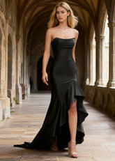 Nora Black Strapless Corset Prom Dress | Mermaid Cowl Neck Floor Length Dress with Ruffled Slits - US0 - PromDressClub