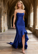 Nora Navy Blue Strapless Corset Prom Dress | Mermaid Cowl Neck Floor Length Dress with Ruffled Slits - US0 - PromDressClub