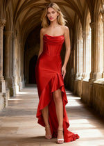 Nora Red Strapless Corset Prom Dress | Mermaid Cowl Neck Floor Length Dress with Ruffled Slits - US0 - PromDressClub