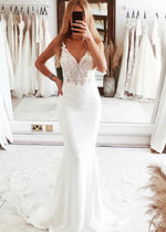 Nora | Stunning Mermaid Spaghetti Strap V Neck Lace Wedding Dress with Long Train - Ivory - PromDressClub
