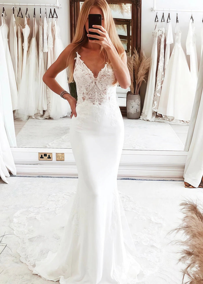 Nora | Stunning Mermaid Spaghetti Strap V Neck Lace Wedding Dress with Long Train - Ivory - PromDressClub