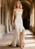 Nora White Strapless Corset Prom Dress | Mermaid Cowl Neck Floor Length Dress with Ruffled Slits - US0 - PromDressClub