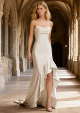 Nora White Strapless Corset Prom Dress | Mermaid Cowl Neck Floor Length Dress with Ruffled Slits - US0 - PromDressClub