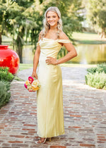 Nora Women's Yellow Off the Shoulder Dress for Prom | Sheath Strapless Satin Floor Length Formal Dress - Yellow - PromDressClub