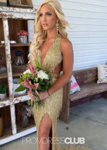 Norma | Mermaid Sequin Fringe Hot Pink Long Cocktail Dress - Price #price_variant_lowest# - Gold - PromDressClub