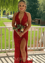 Norma | Mermaid Sequin Fringe Hot Pink Long Cocktail Dress - Price #price_variant_lowest# - Red - PromDressClub