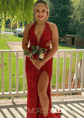 Norma | Mermaid Sequin Fringe Hot Pink Long Cocktail Dress - Price #price_variant_lowest# - Red - PromDressClub