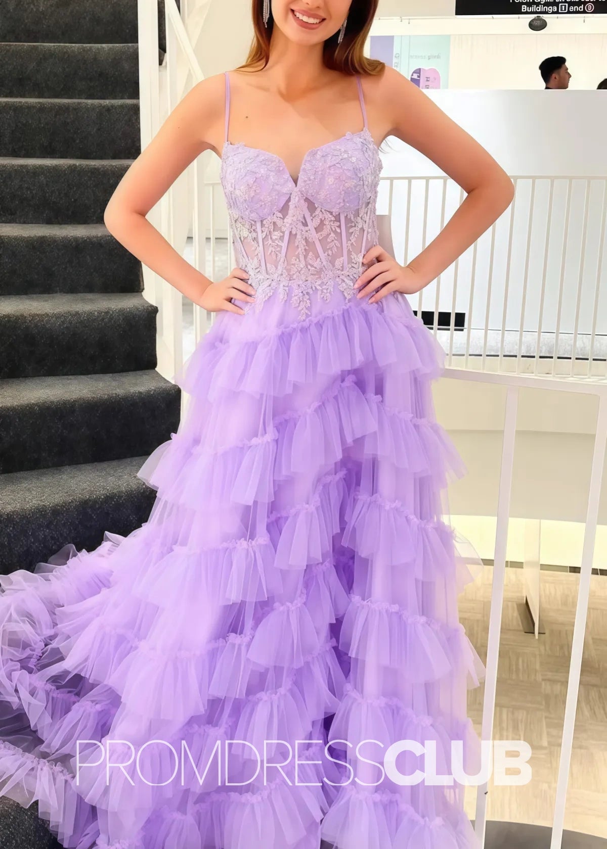 Olive |Long Lilac Prom Dresses Shops With A - Line Tiered Layered Tulle Spaghetti Straps V - Neck - Price #price_variant_lowest# - Lilac - PromDressClub