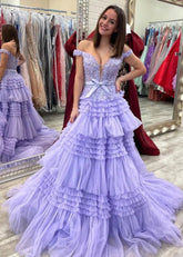 Ophelia | Stunning Light Pink Off the Shoulder Corset Ruffle Prom Dress with Bow - Lilac - PromDressClub