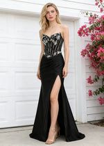 Orla Strapless Black Beaded Prom Dress | Mermaid Corset Sweetheart Neckline Pleated Formal Dress with Slit - Black - PromDressClub