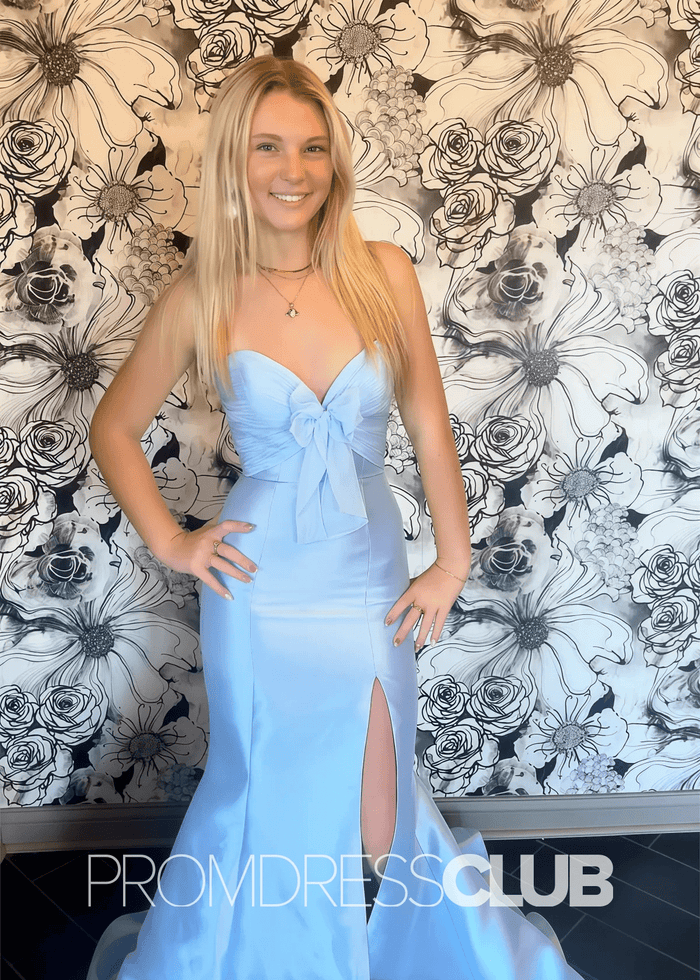 Pag |Light Blue Long Prom Dresses Near Me With Mermaid Satin Strapless Tulle Bow - Price #price_variant_lowest# - Light Blue - PromDressClub