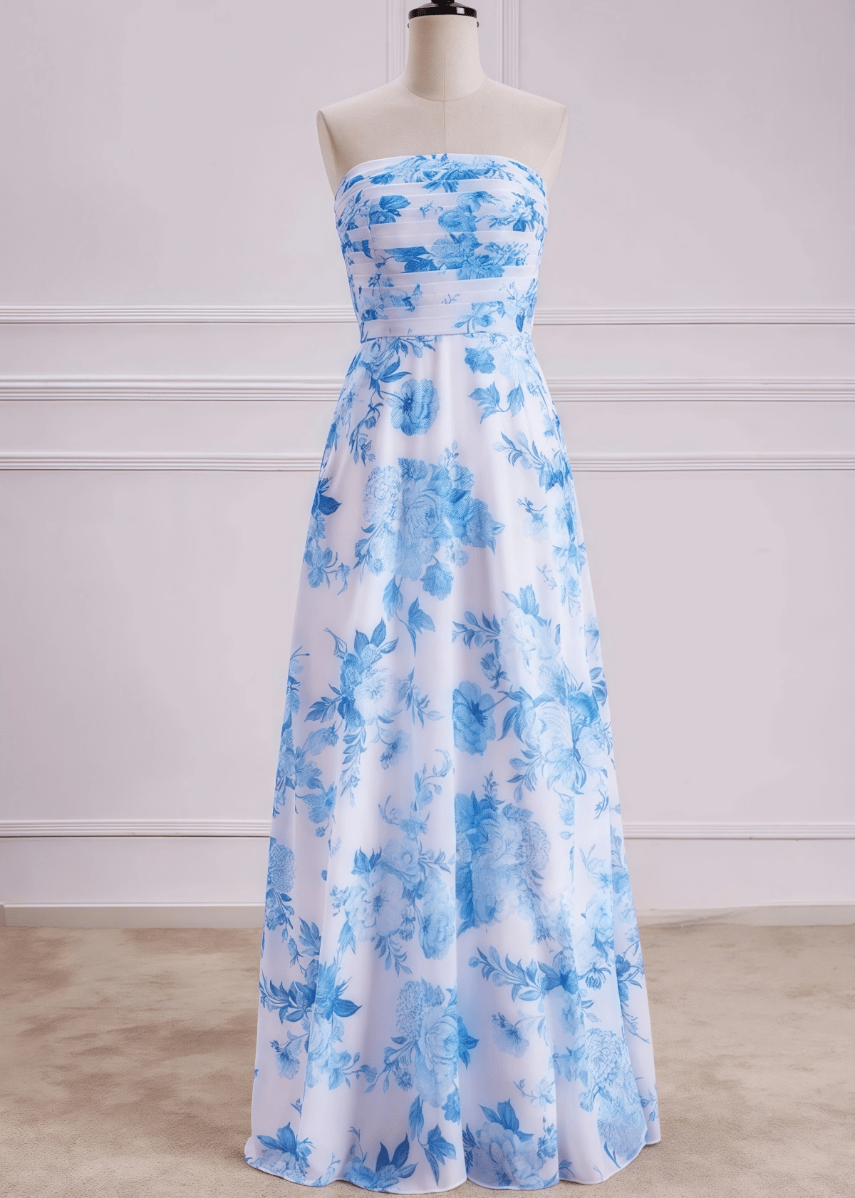 Penny | White Blue Floral Print Mermaid Strapless Long Bridesmaid Dress - Price #price_variant_lowest# - Blue Floral - PromDressClub