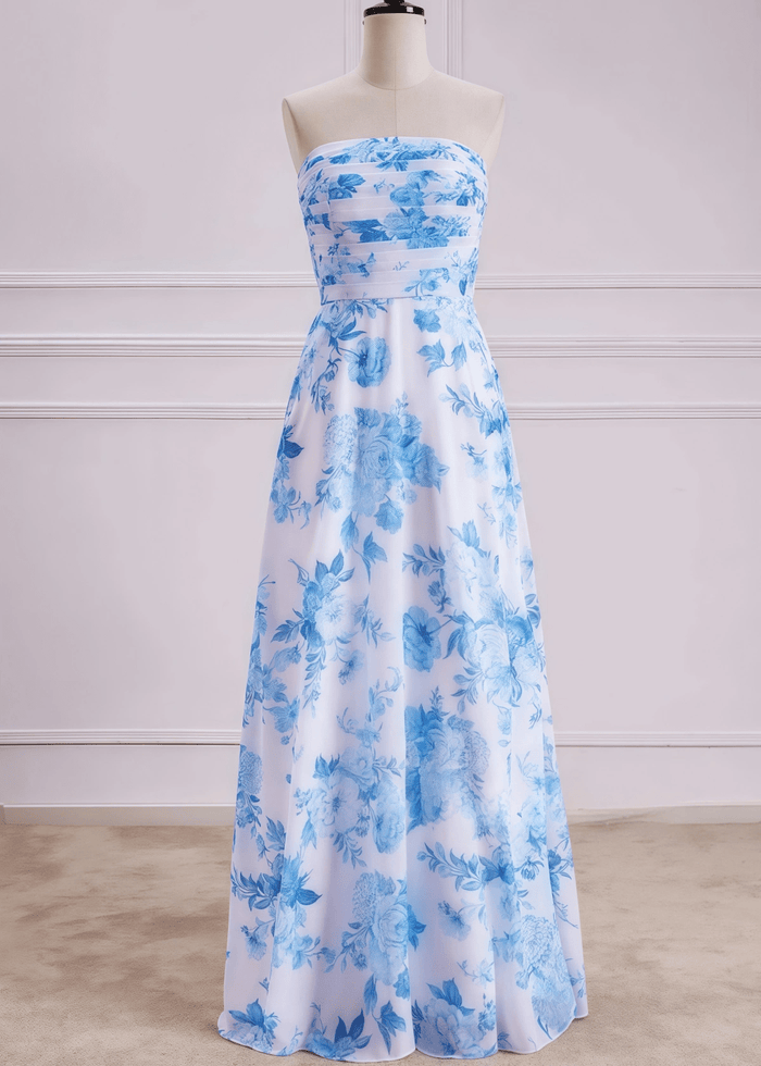 Penny | White Blue Floral Print Mermaid Strapless Long Bridesmaid Dress - Price #price_variant_lowest# - Blue Floral - PromDressClub