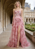 Pia Corset Hot Pink Floral Prom Dress Ruffles | A - Line Strapless Lace Detail Slit Formal Dress - Hot Pink Floral - PromDressClub