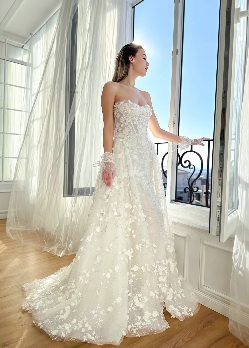 Poppy | Stunning White Strapless Floral Corset Wedding Dress - White Floral - PromDressClub