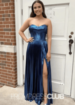 Queena |Navy Blue Metallic Long Prom Dresses Websites With Sweetheart Pleated A - Line Corset Slit - Price #price_variant_lowest# - Navy Blue - PromDressClub