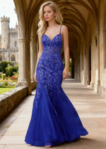 Quinn Royal Blue Flower Mermaid Prom Dress | Spaghetti Strap V - Neck Open Back Tulle Gown - Royal Blue - PromDressClub