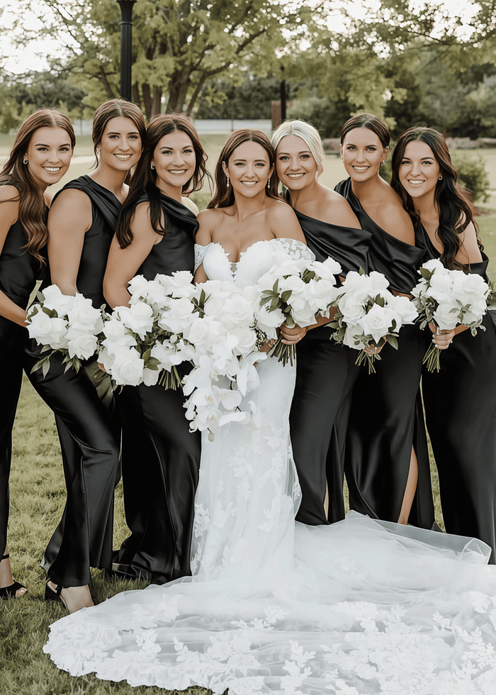 Quintina | Sheath Column Pleated Black Satin Long Bridesmaid Dress - Price #price_variant_lowest# - Black - PromDressClub