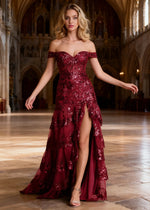 Reverie Burgundy Ruffle Off the Shoulder Prom Dress | Mermaid Sweetheart Strapless Sequin Dress Split - US0 - PromDressClub