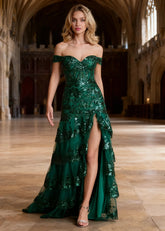 Reverie Emerald Green Ruffle Off the Shoulder Prom Dress | Mermaid Sweetheart Strapless Sequin Dress Split - US0 - PromDressClub